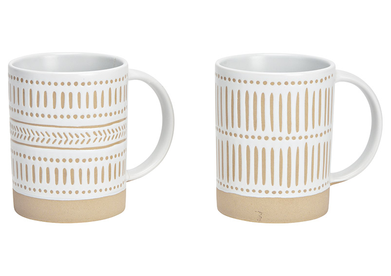 Becher aus Steingut in Beige Weiß Boho Design 2er Set