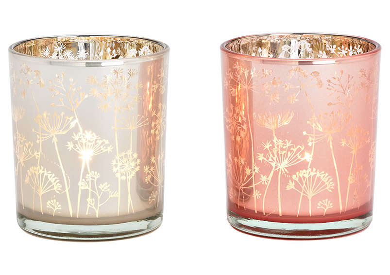 Windlichtgläser in Blumen Design Creme & Rosa mittelgroß 